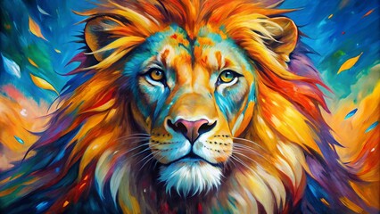  Vibrant, expressive abstract oil painting of a majestic lion's face, with bold brushstrokes and vivid colors blending