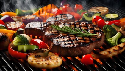 Wall Mural - Sizzling barbecue feast of grilled meat and vibrant vegetables over glowing coals