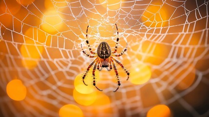 A spider sits in the center of its web with a blurred background of golden bokeh.