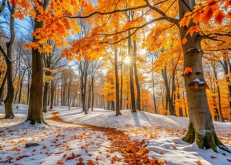 Vibrant orange and yellow fall leaves scatter across a serene snow-covered forest floor, surrounded by bare tree