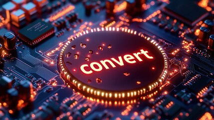 Poster - High-Tech Conversion: Glowing Circuit Board with 'Convert' Symbol