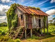 © Danicha - Weathered wooden shack with corrugated metal roof, overgrown with vines, leaning precariously on worn wooden stilts,