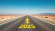 © Adisorn - A deserted asphalt road stretches into the distance, marked with a bold arrow and the numerals 2025, set against a transparent background, ready for the future.