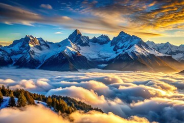 Wall Mural - The Swiss Alps rise majestically, their peaks draped in snow, brilliantly contrasting against a sea of clouds beneath