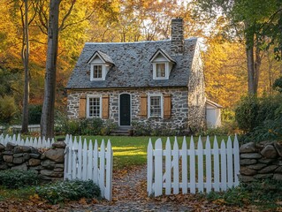 Poster - Stone cottage with white picket fence and autumn foliage.