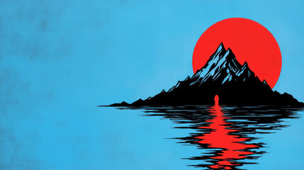 Sticker - A black silhouette of a mountain with a red sun setting behind it.