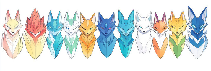 Canvas Print - A row of 10 colorful fox heads.