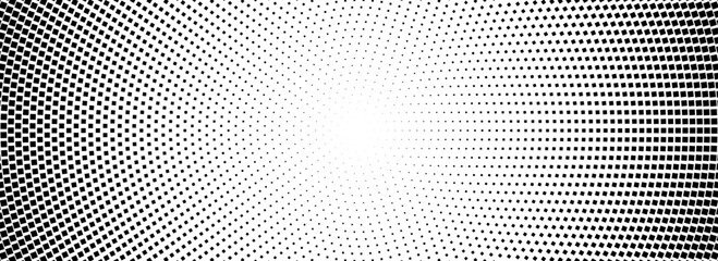 Poster - Halftone concentric dotted background. Square dots comic gradient texture. Radial fading gradation wallpaper. Black and white rough grit overlay. Grunge circular pop art monochrome backdrop. Vector