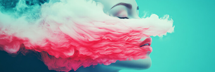 Poster - Woman's face partially obscured by abstract pink and blue clouds.