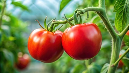 Close up of two ripe red tomatoes on a plant in a greenhouse , food, photography, vegetables, ripe, red, fresh, organic