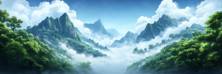 Wall Mural - Misty mountains with lush green foliage