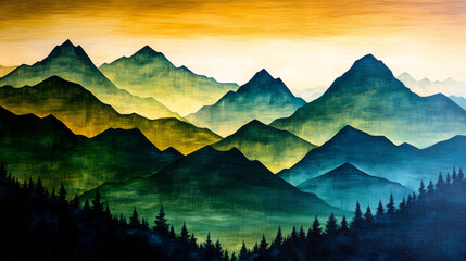 Canvas Print - A painting of a mountain range at sunset.