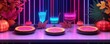 © Peter@studio5 - A futuristic family gathering, with glowing pie slices, digital drinks, and neon-lit table settings, surrounded by holographic fall decor