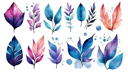 Wall Mural - Watercolor leaves in shades of blue, purple, and pink.