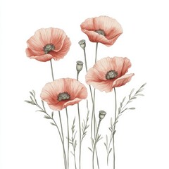 Wall Mural - A delicate illustration of pink poppy flowers with green stems and leaves.