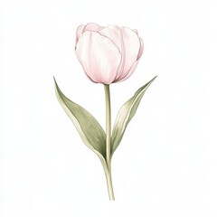 Wall Mural - A delicate pink tulip with green leaves on a white background.