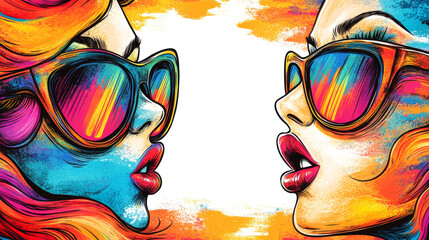 Wall Mural - Two women in sunglasses with colorful reflections.