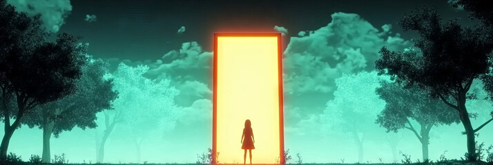 Poster - A young woman stands in a mystical forest, looking towards a glowing doorway.