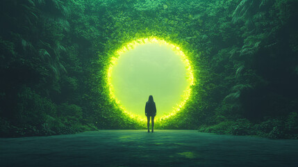 Sticker - Woman stands before a glowing circular portal in a lush green forest.