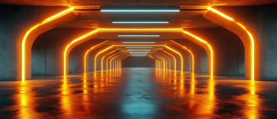 Poster - A modern, illuminated corridor with neon lights reflecting on a polished floor.