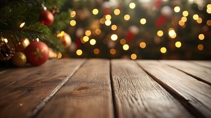 Empty wooden table with christmas theme in background