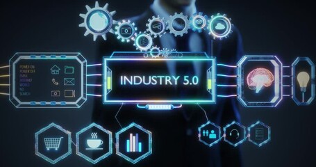 Poster - businessman pointing industry 5.0 digitalization process 3d rendering