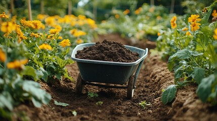 A wheelbarrow filled with soil sits in a garden row between rows of yellow flowers.