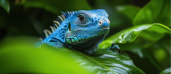 A bright blue iguana lizard peeks out from behind large green leaves in a jungle.