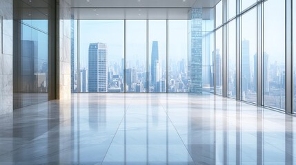 Poster - Modern office space with large windows showcasing a city skyline.