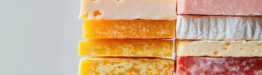 Assorted Cheese Blocks in a Colorful Stack Displaying Variety and Texture on a White Background