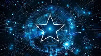 Poster - abstract digital image of a silver star on a blue glowing circuit board.