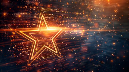 Poster - luminous star shines brightly against a dark background of glowing lines and interconnected nodes, r