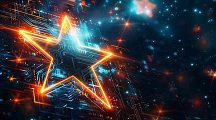 Poster - Abstract digital background with a glowing star on a circuit board, representing technology, innovation, and the future.
