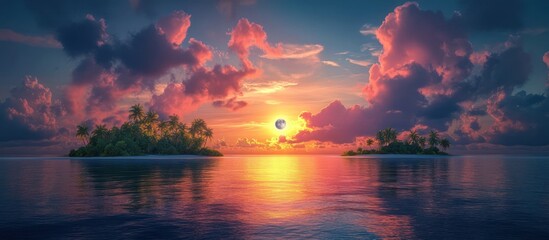 Two tropical islands with palm trees at sunset with a bright pink and orange sky.