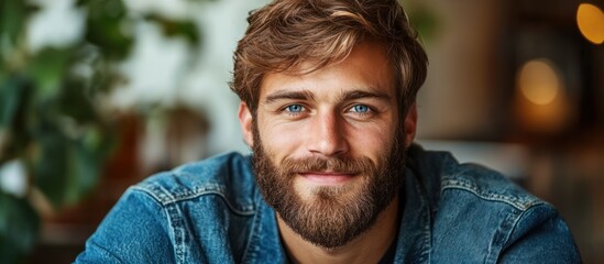 Poster - A close-up portrait of a young man with a beard and blue eyes, looking at the camera and smiling.