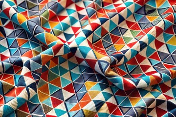 Poster - Colorful geometric patterned fabric close-up with folded texture