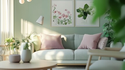 Bright and cozy living room with soft green walls, elegant couch, and decorative plants creating a serene atmosphere.