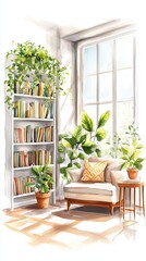 Poster - Cozy reading nook with bright sunlight, indoor plants, and a bookshelf filled with colorful books near a window