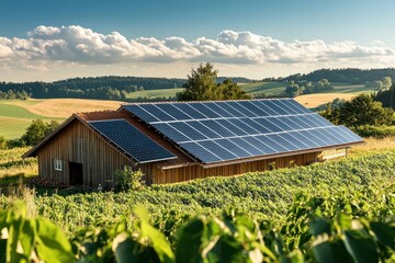 A wooden barn with solar panels on the roof, surrounded by lush green foliage and a rolling hills landscape in the background.