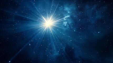 Poster - bright star with rays shining in the night sky, surrounded by cosmic dust and stars.