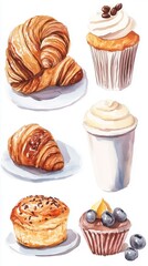 Wall Mural - Variety of freshly baked pastry items and desserts presented on white plates against a clean backdrop