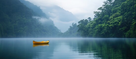 Sticker - A yellow canoe sits in still water, surrounded by fog-covered mountains and lush trees.