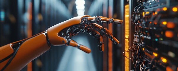 Poster - Close-up of an orange robot hand reaching out to touch data cables in the server room