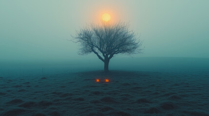 Wall Mural - A tree with two glowing eyes in the middle of a foggy field. Scene is eerie and mysterious