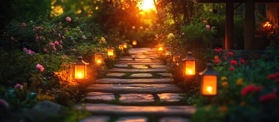 Poster - Stone path through a garden illuminated by lanterns at sunset.