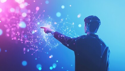 Poster - Man Pointing at Abstract Geometric Network with Glowing Lights