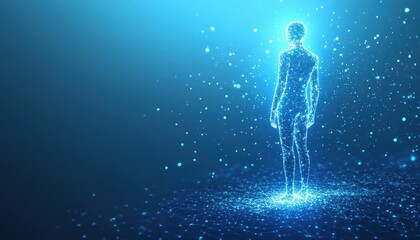 Poster - Abstract Human Figure Composed of Connected Dots and Lines on a Blue Background