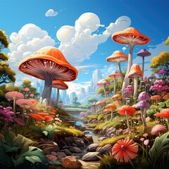 Colorful mushroom forest with flowers and pearls