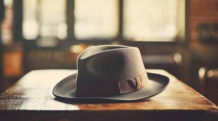 Capture a realistic image of a stylish hat displayed on a rustic wooden table, showcasing its unique design and texture, with natural light highlighting its features against a softly blurred