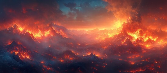 Poster - Fiery mountain range with a dramatic sky, glowing with orange and yellow hues.